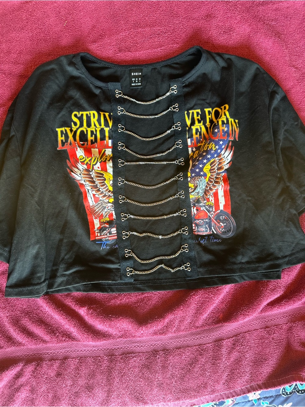 SHEIN Black Graphic Chain-Ladder Crop Tee with Eagle & Motorcycle Motif